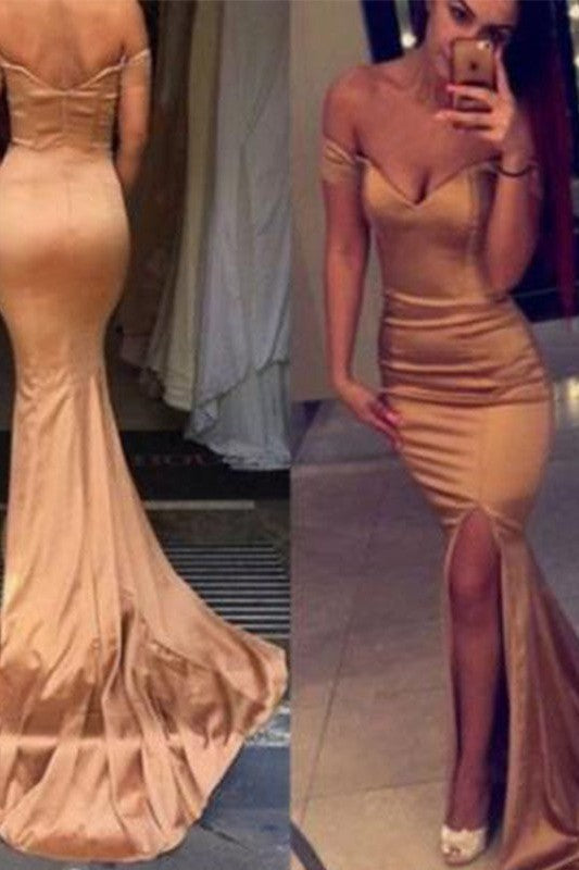 Beautiful Sleeveless Mermaid Off-the-Shoulder Court Train Silk like Elegant Evening Dress-ballbellauk