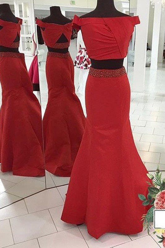 Beautiful Sleeveless Mermaid Off-the-Shoulder Ruched Satin Two Piece Prom Dress-ballbellauk