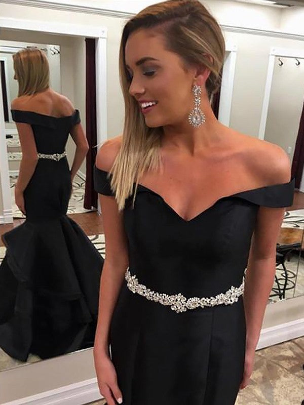 Beautiful Sleeveless Mermaid Off-the-Shoulder Satin Beading Prom Dress-ballbellauk