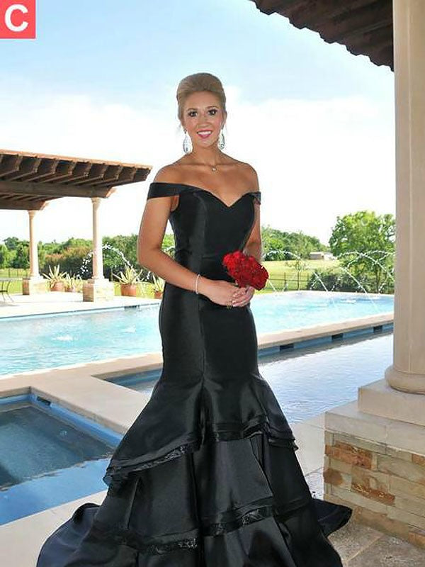 Beautiful Sleeveless Mermaid Off-the-Shoulder Satin Layers Prom Dress-ballbellauk