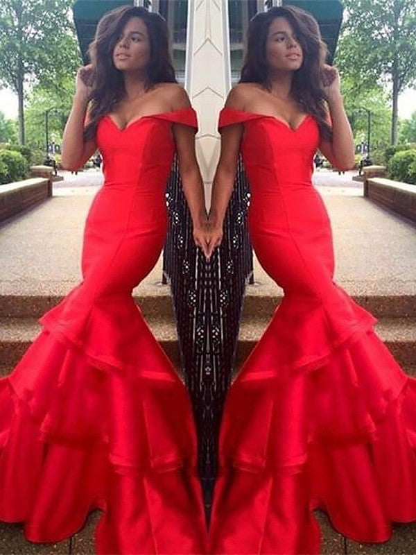 Beautiful Sleeveless Mermaid Off-the-Shoulder Satin Layers Prom Dress-ballbellauk