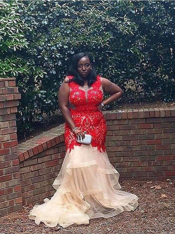 Beautiful Sleeveless Mermaid Scoop With Appliques Court Train Organza Plus Size Prom Dress-ballbellauk