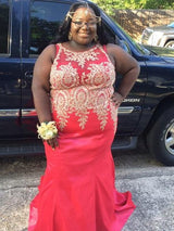 Beautiful Sleeveless Mermaid Scoop With Appliques Satin Plus Size Prom Dress-ballbellauk