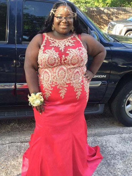 Beautiful Sleeveless Mermaid Scoop With Appliques Satin Plus Size Prom Dress-ballbellauk