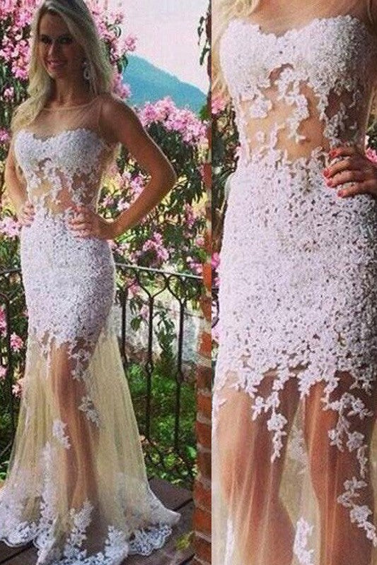 Beautiful Sleeveless Mermaid Scoop With Appliques Tulle Long Prom Dress-ballbellauk