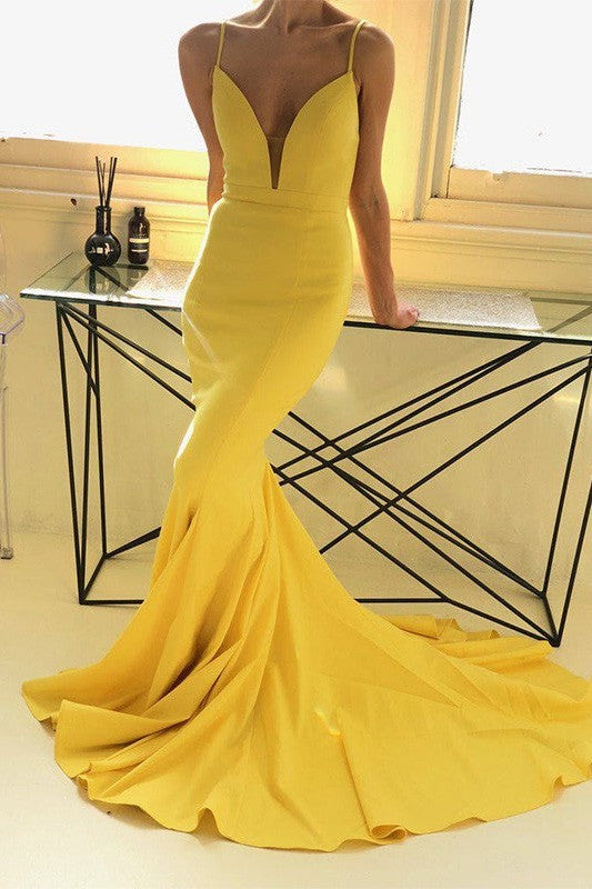 Beautiful Sleeveless Mermaid Spaghetti-Straps Ruffles Stretch Crepe Prom Dress-ballbellauk