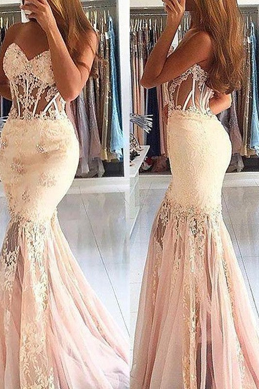 Beautiful Sleeveless Mermaid Sweetheart Tulle Lace Prom Dress-ballbellauk
