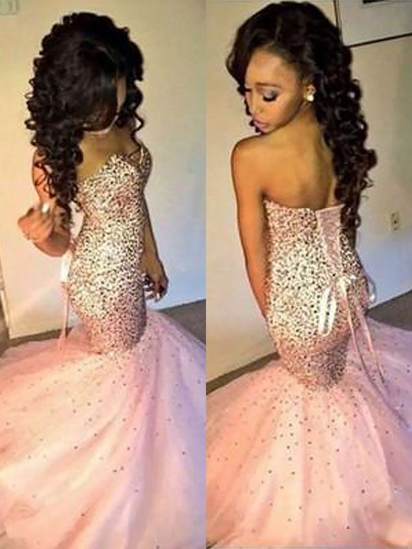 Beautiful Sleeveless Mermaid Sweetheart Tulle Sequin Long Prom Dress-ballbellauk