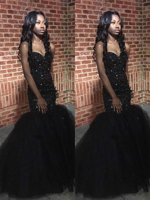 Beautiful Sleeveless Mermaid Sweetheart Tulle Sequins Prom Dress-ballbellauk