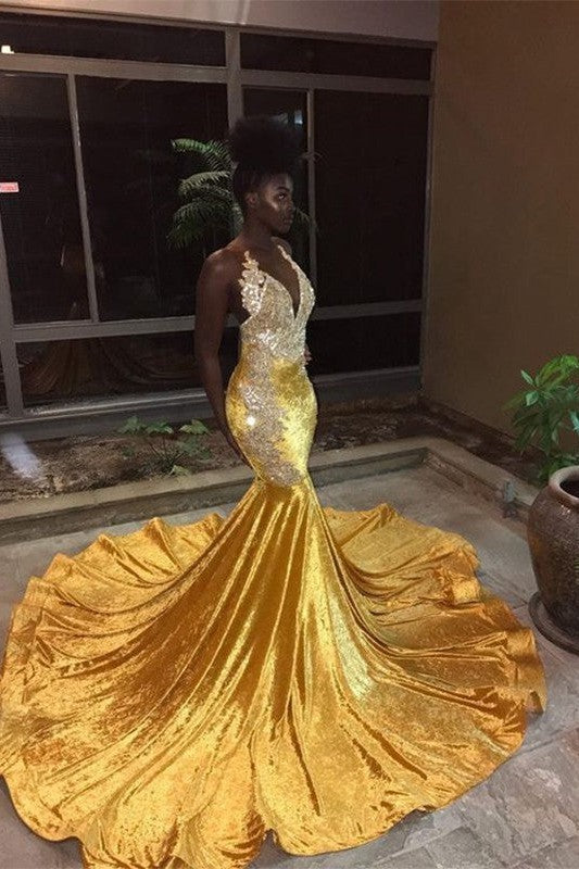 Beautiful Sleeveless Mermaid V-neck Court Train Lace Sequins Prom Dress-ballbellauk