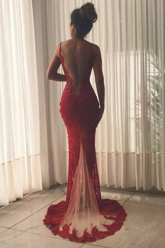 Beautiful Sleeveless Mermaid V-neck Lace Tulle Prom Dress-ballbellauk