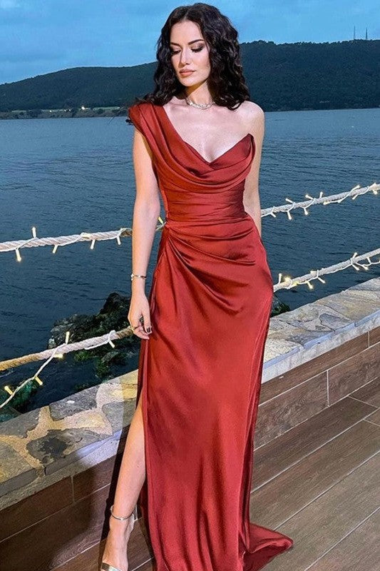 Beautiful Woven Satin Ruched One-Shoulder Sleeveless Prom Dress-ballbellauk