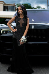 Black Beaded Sleeveless Round neck Mermaid Long Prom Dresses-Ballbella