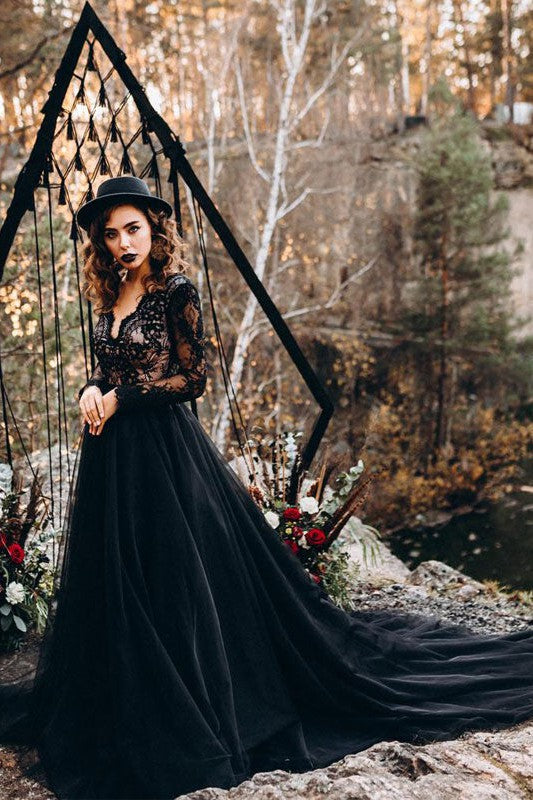 Black Long Sleeves Lace Evening Dress Tulle Party Gowns-Ballbella