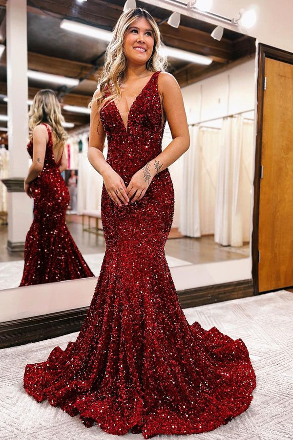 Black V-Neck Sequined Mermaid Evening Dress For Party Online-ballbellauk