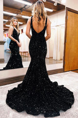 Black V-Neck Sequined Mermaid Evening Dress For Party Online-ballbellauk