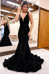 Black V-Neck Sequined Mermaid Evening Dress For Party Online-ballbellauk