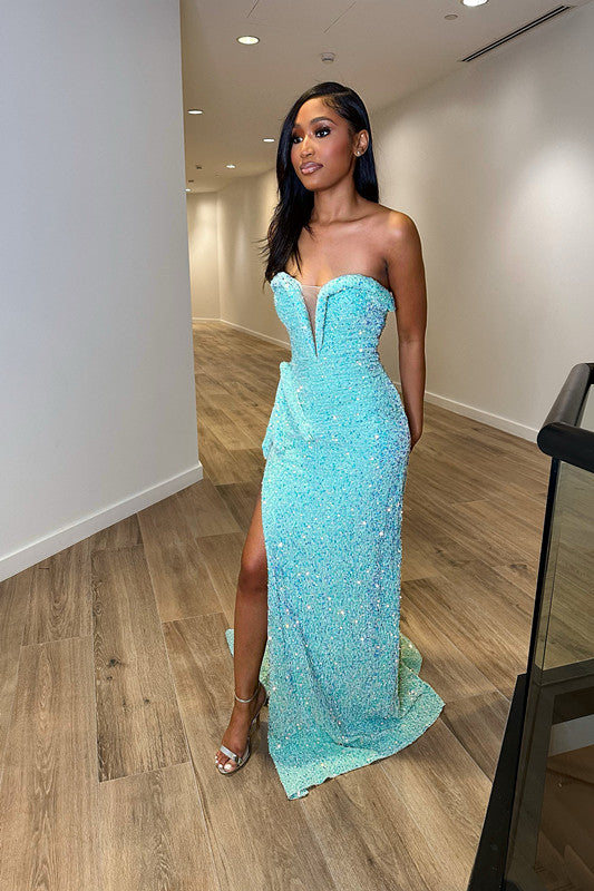Blue Sequins Sweetheart Mermaid Prom Dress UK with Split Trumpet-ballbellauk
