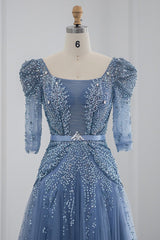 Blue Square Collar A Line Tulle Evening Dress with Appliques - Floor Length-ballbellauk