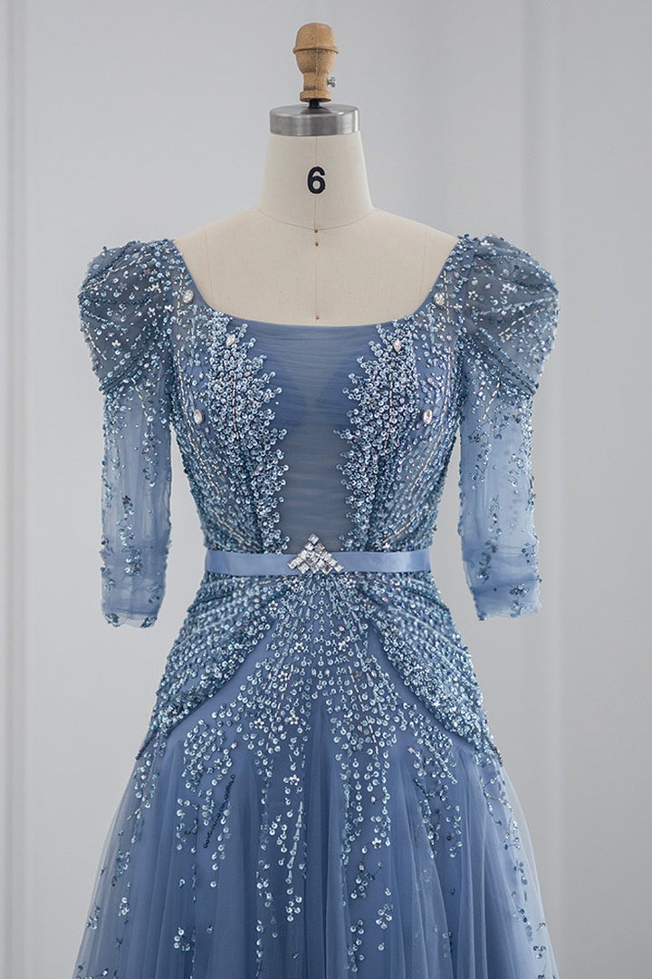 Blue Square Collar A Line Tulle Evening Dress with Appliques - Floor Length-ballbellauk