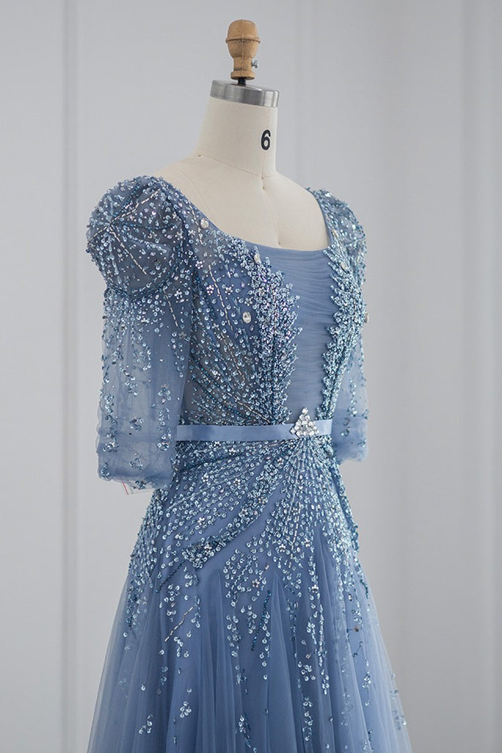 Blue Square Collar A Line Tulle Evening Dress with Appliques - Floor Length-ballbellauk