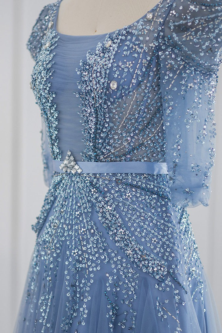 Blue Square Collar A Line Tulle Evening Dress with Appliques - Floor Length-ballbellauk