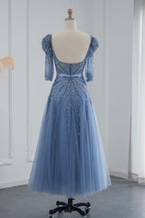 Blue Square Collar A Line Tulle Evening Dress with Appliques - Floor Length-ballbellauk