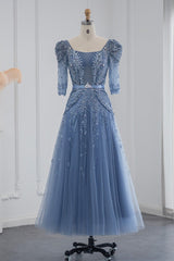 Blue Square Collar A Line Tulle Evening Dress with Appliques - Floor Length-ballbellauk