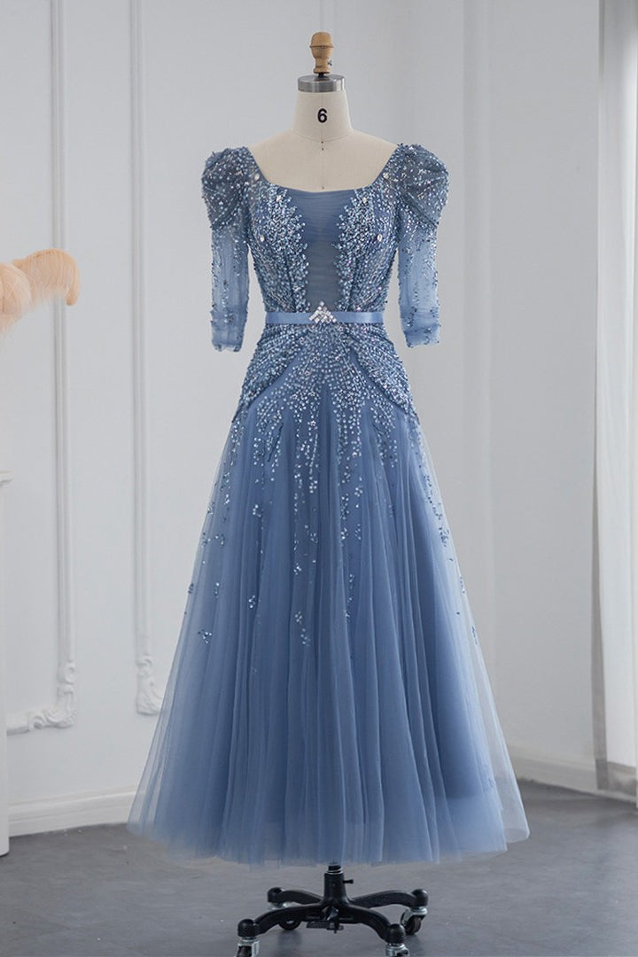 Blue Square Collar A Line Tulle Evening Dress with Appliques - Floor Length-ballbellauk