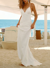 Boho Garden Summer Beach Charmeuse Wedding Dress Open Back Spaghetti Straps V-Neck-Ballbella