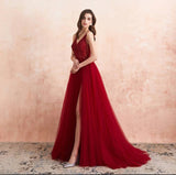 Burgundy V-Neck Sleeveless Split Evening Dress with Beads and Tulle-ballbellauk