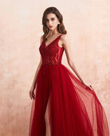 Burgundy V-Neck Sleeveless Split Evening Dress with Beads and Tulle-ballbellauk