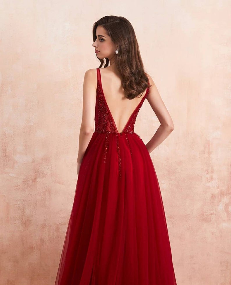 Burgundy V-Neck Sleeveless Split Evening Dress with Beads and Tulle-ballbellauk