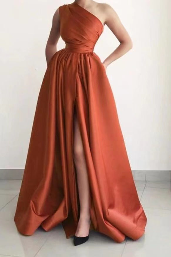 Burnt Orange Elegant One Shoulder A Line Prom Dress UK With Pockets-ballbellauk