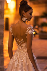 Cap sleeves Lace Sweetheart A-line Lace Flowers Wedding Dresses-Ballbella