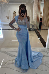 Champange Mermaid Long Sleeves Sequin Floor length Evening Dresses-Ballbella