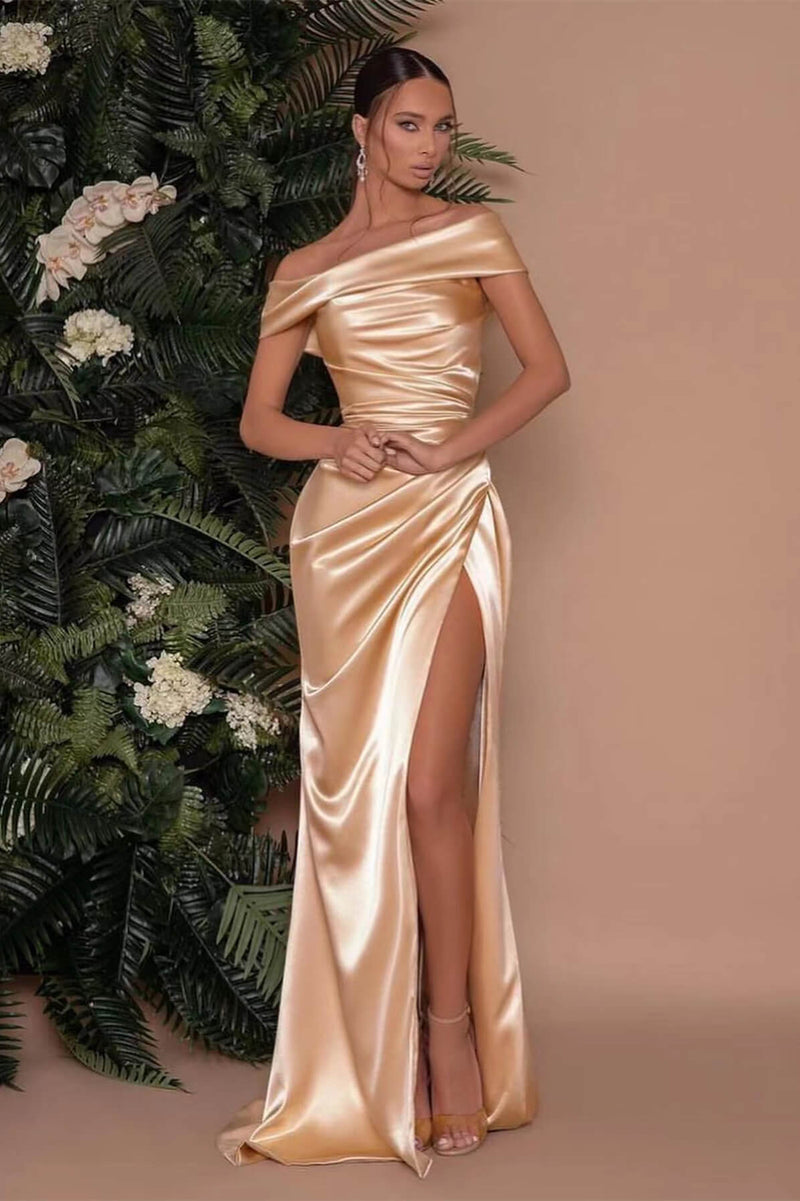 Charm in Style with the Champagne Off The Shoulder Prom Dress UK Charmeuse Split Mermaid-ballbellauk