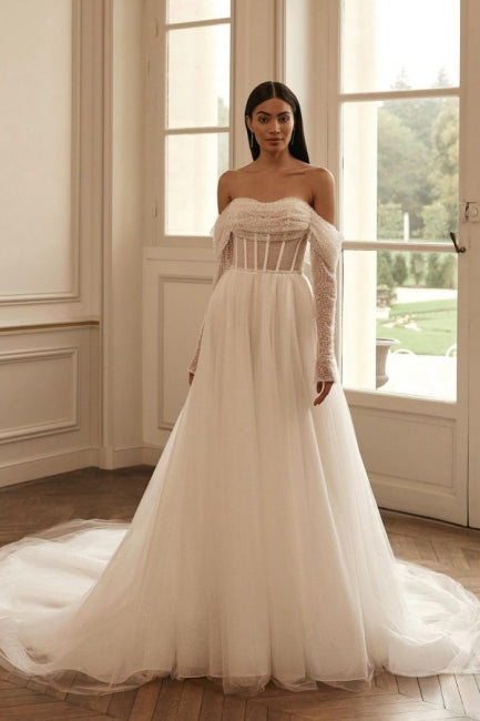 Charming Long Sleevess Long Off-the-Shoulder Bridal Gowns On Sale Sequined-ballbellauk