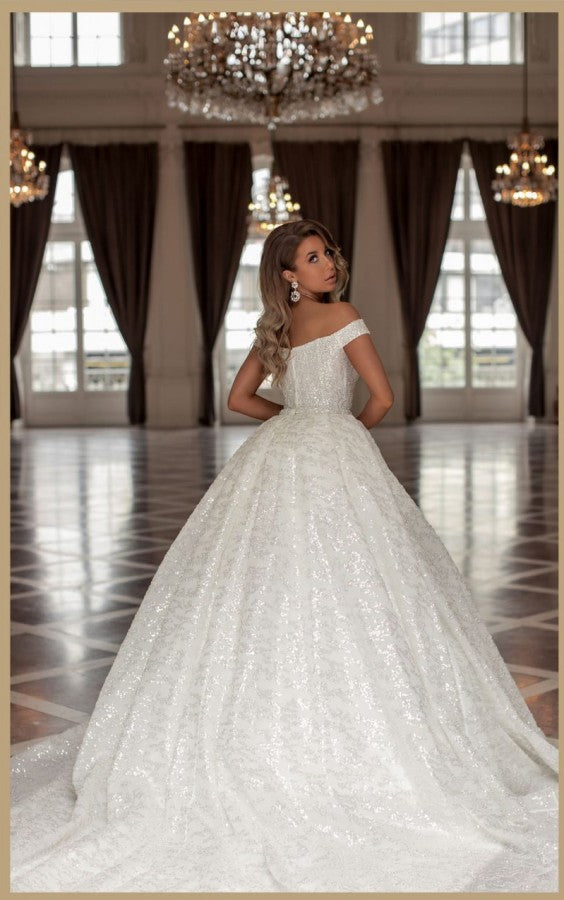 Charming Princess Long White Off-the-Shoulder Glitter Long Bridal Gowns On Sale-ballbellauk