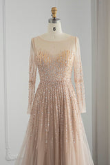 Chic A Line Prom Dress UK with Tulle and Appliques - Champagne Jewel Neck Long Sleeves-ballbellauk