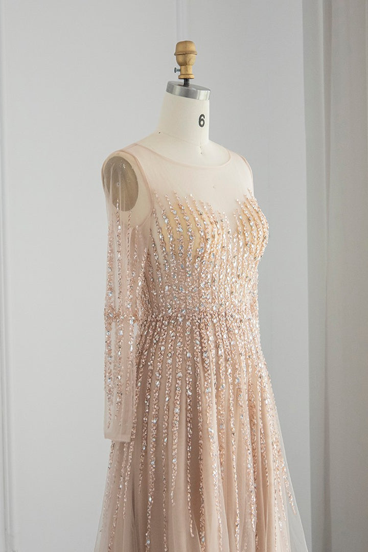 Chic A Line Prom Dress UK with Tulle and Appliques - Champagne Jewel Neck Long Sleeves-ballbellauk