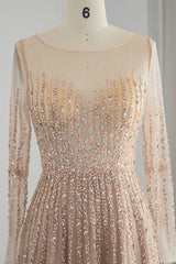 Chic A Line Prom Dress UK with Tulle and Appliques - Champagne Jewel Neck Long Sleeves-ballbellauk