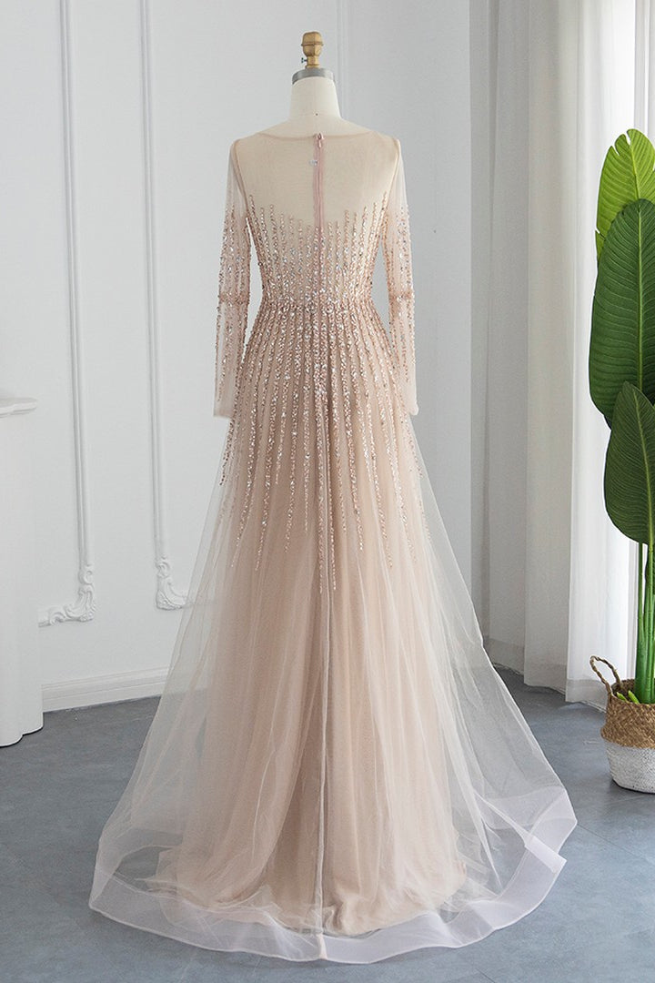 Chic A Line Prom Dress UK with Tulle and Appliques - Champagne Jewel Neck Long Sleeves-ballbellauk