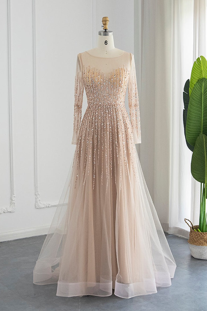 Chic A Line Prom Dress UK with Tulle and Appliques - Champagne Jewel Neck Long Sleeves-ballbellauk