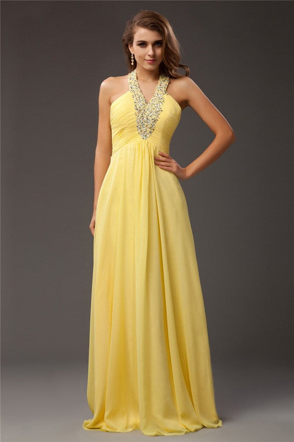 Chic Halter Beading Sleeveless Long Evening Dress Chiffon-ballbellauk