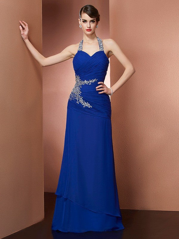 Chic Halter Beading Sleeveless Long Evening Dress Chiffon-ballbellauk