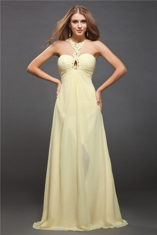 Chic Halter Beading Sleeveless Long Evening Dress Chiffon-ballbellauk