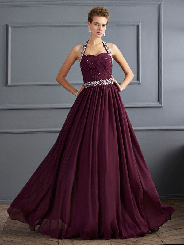 Chic Halter Beading Sleeveless Long Evening Dress Chiffon-ballbellauk