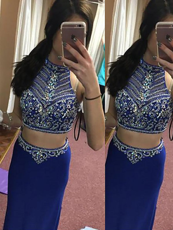 Chic Halter Beading Sleeveless Long Satin Two Piece Prom Dress-ballbellauk