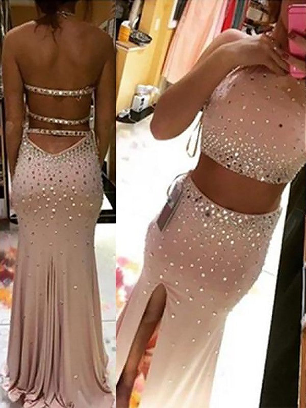 Chic Halter Beading Sleeveless Spandex Two Piece Prom Dress-ballbellauk